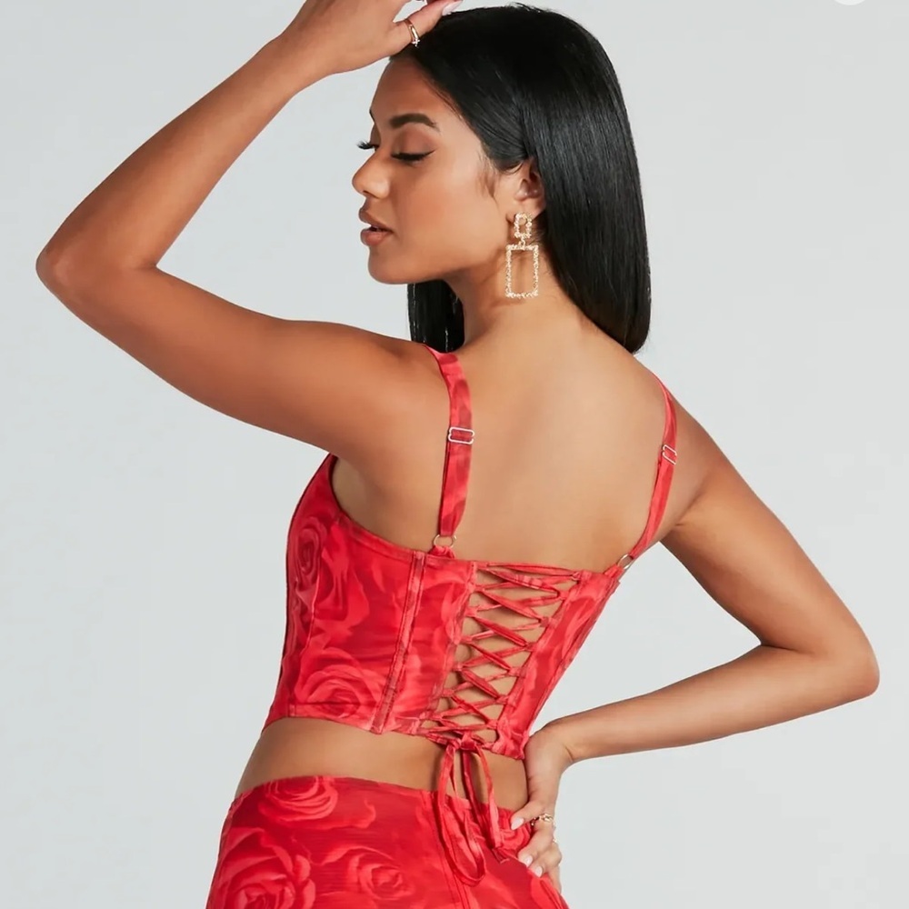 Windsor Red Rose Print Corset Bustier Top XS Lace-Up Back - Picture 4 of 11